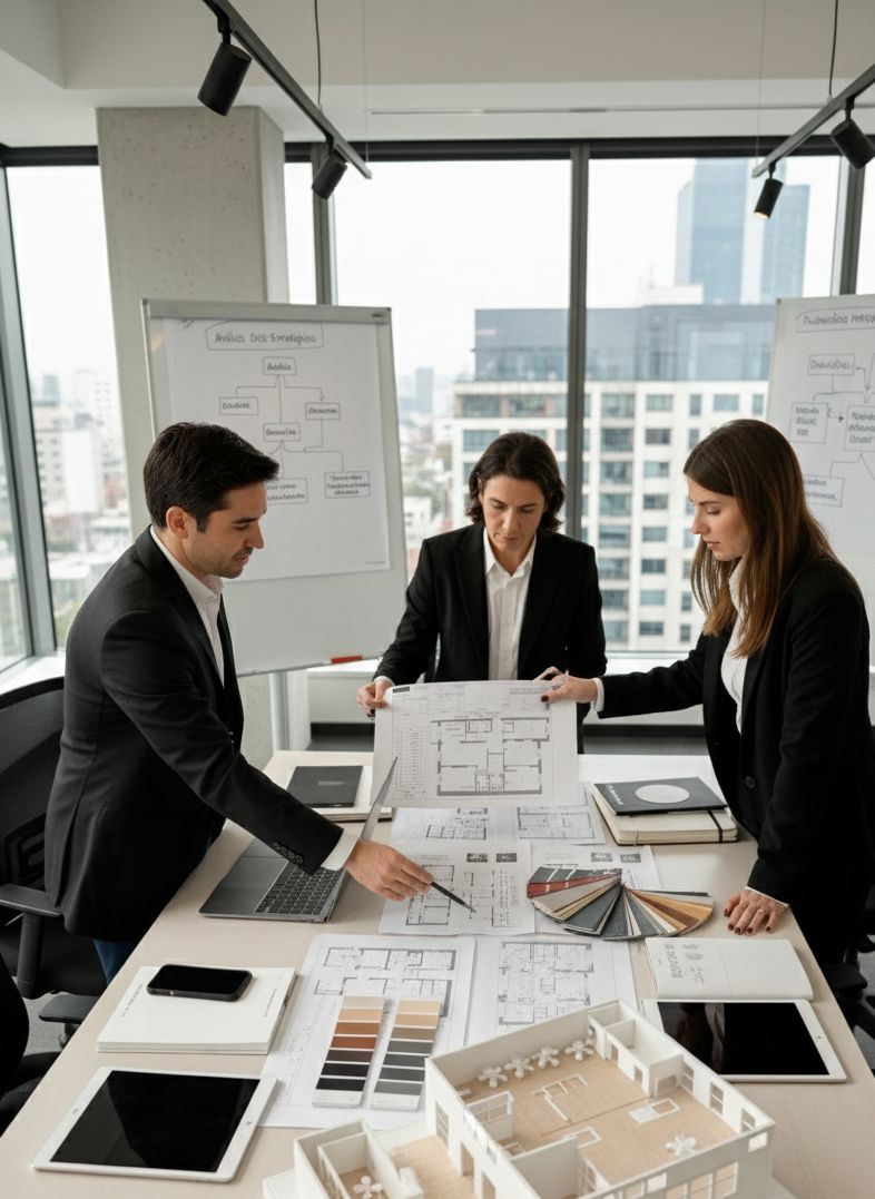 Equipo revisando planos y materiales en una sesión de diseño